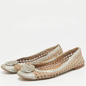 Tory Burch Chelsea Metallic Woven Leather Cap toe Flats in light taupe/silver 6